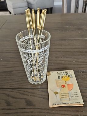 Gold Bar Cocktail Picks with Clear Recipe Mixing Glass With A Vintage Book